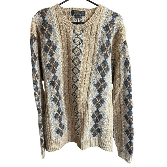 Vintage Brooks Brothers Hand Knit 100% Wool Brown Chunky Cable Crew Sweater XL - Picture 1 of 5